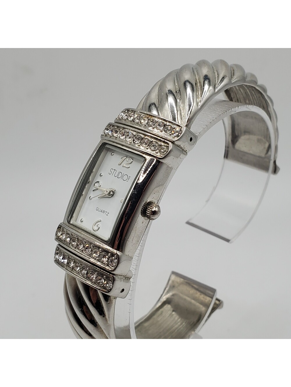 Studio Rhinestone Quartz Watch Womens 19mm Silver Tone New Battery - Picture 3 of 13